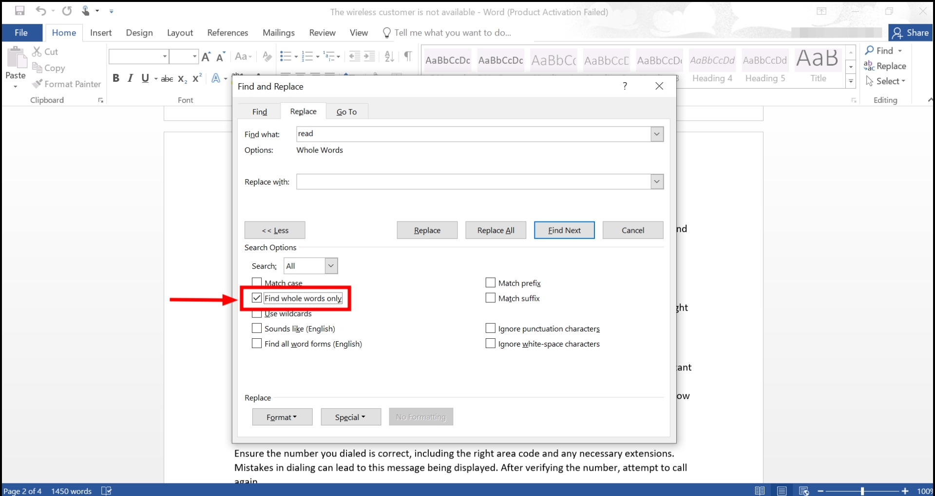 Tap on Find whole words only