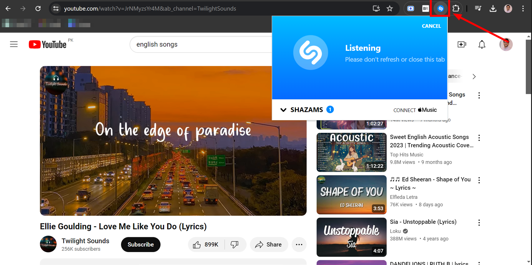 Click on Shazam icon