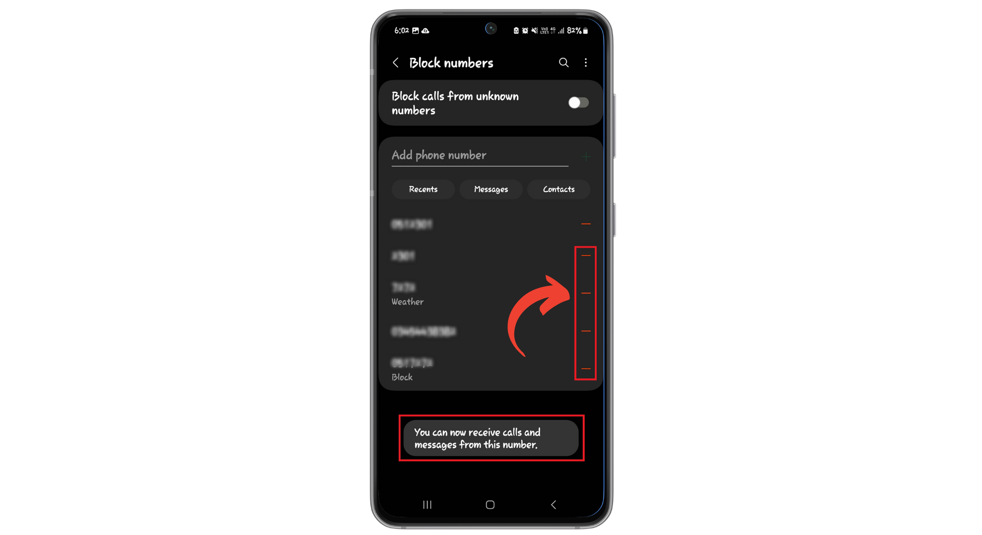 Tap the number you want to unblock