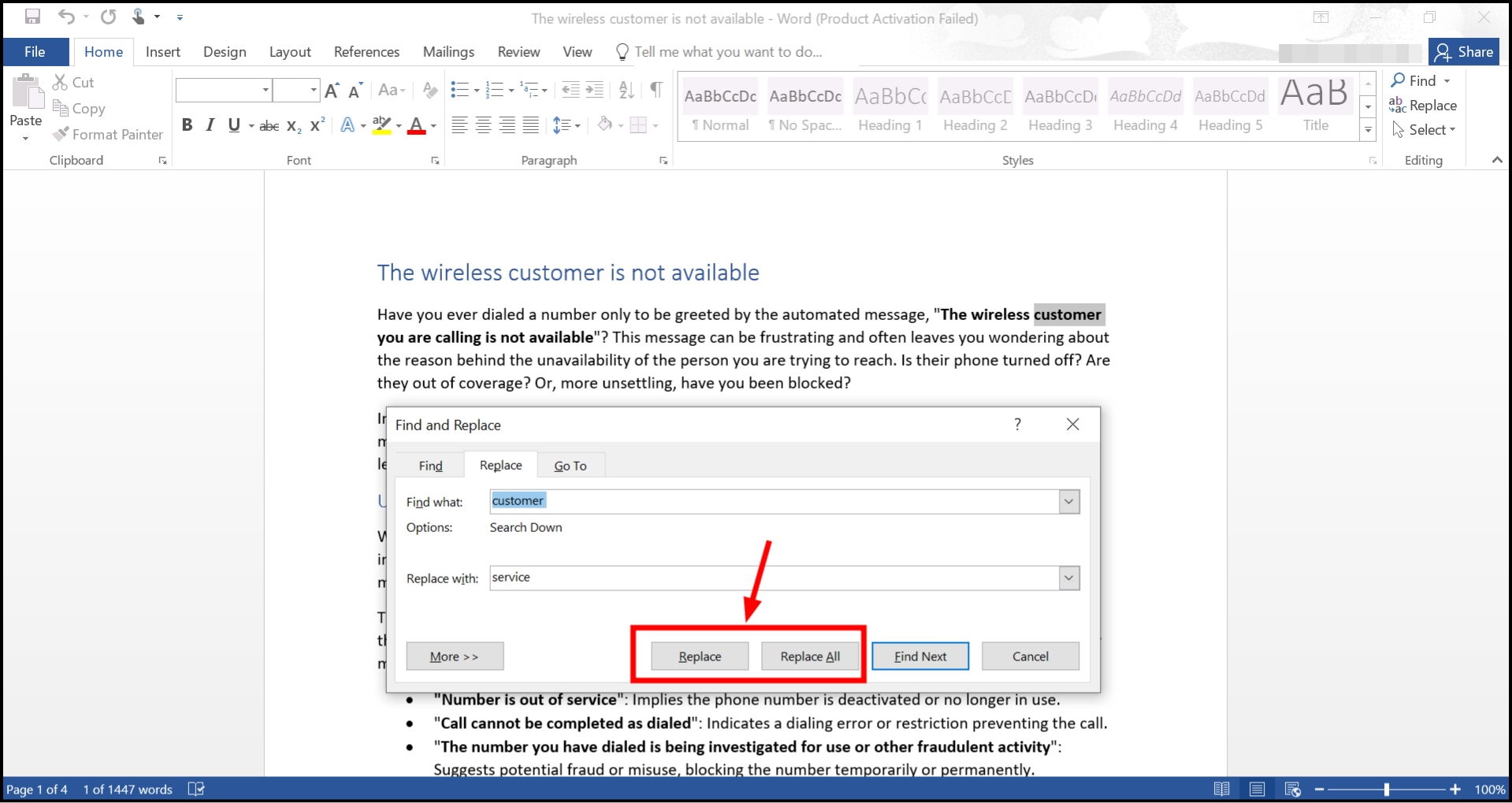 Click Replace or Replace All