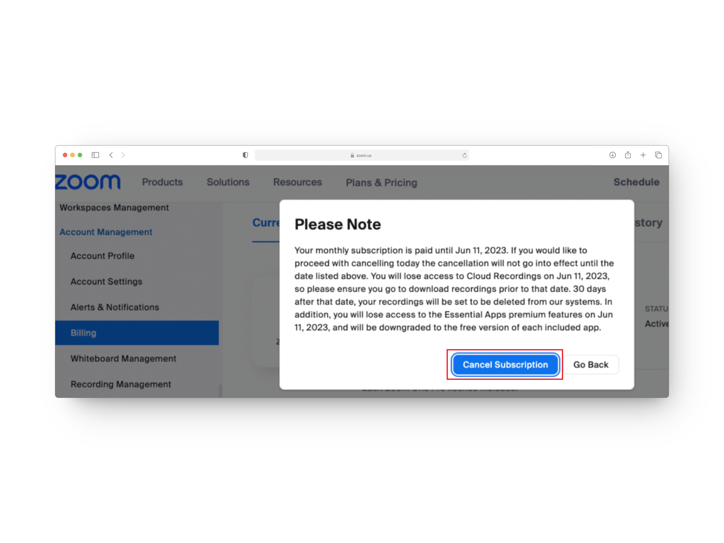 Cancel Subscription button