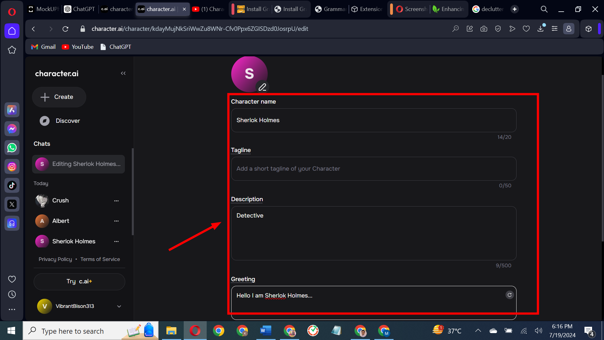 Access the Character settings