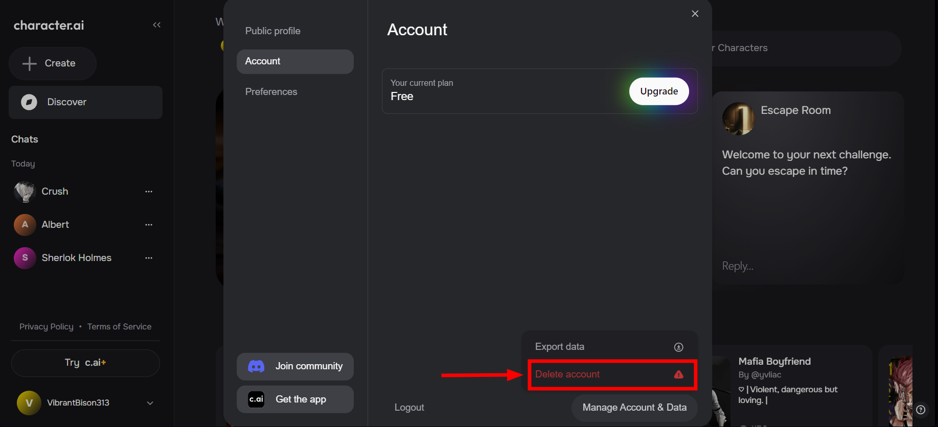 Click on Delete Account
