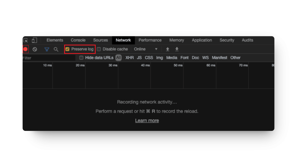 preserve log in network tab