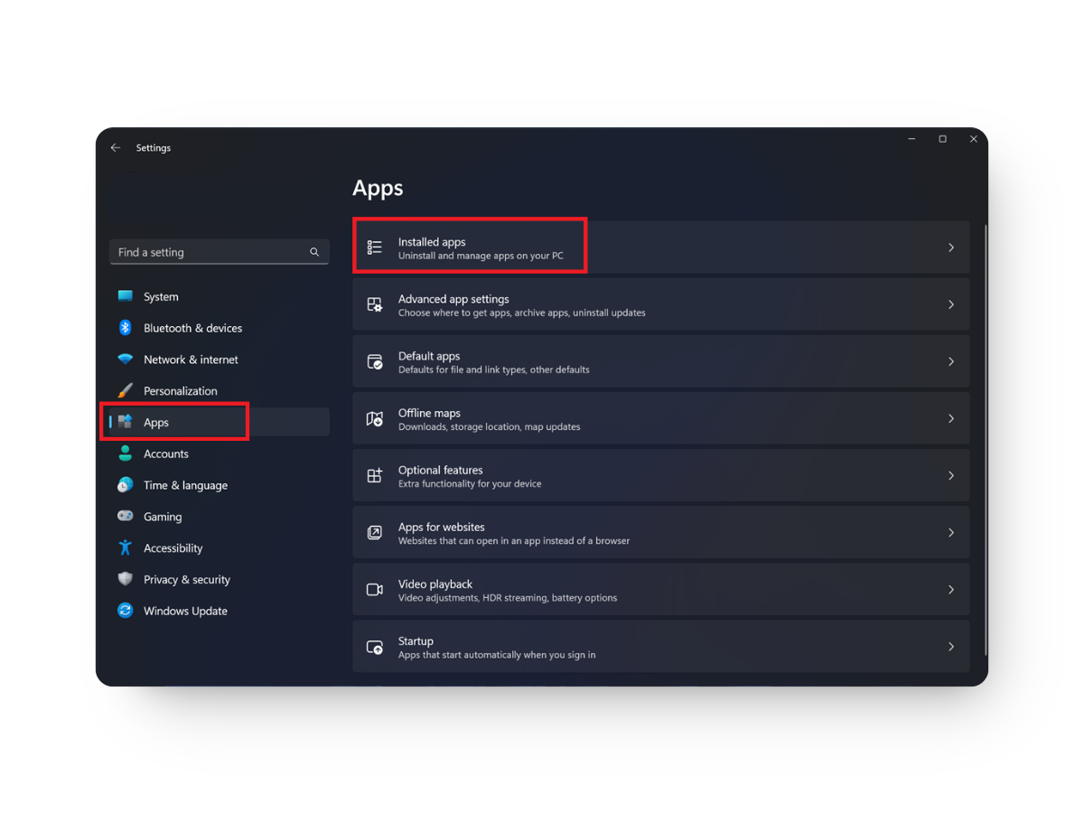 installed apps on Settings
