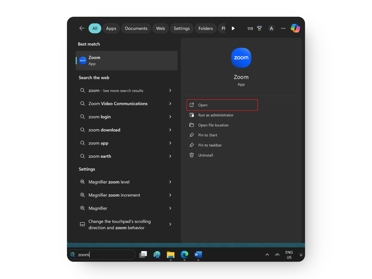 Zoom app on Windows Search