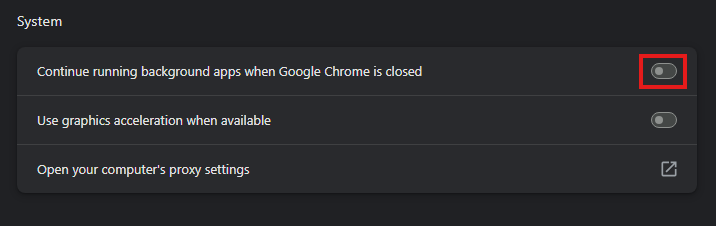 Toggle switch to disable Chrome from running background apps when closed