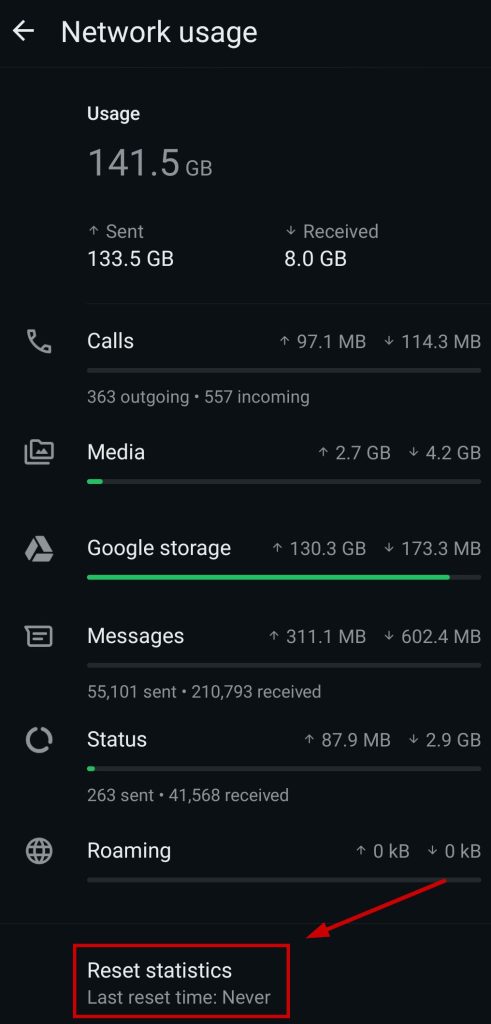 Resetting WhatsApp Network Usage