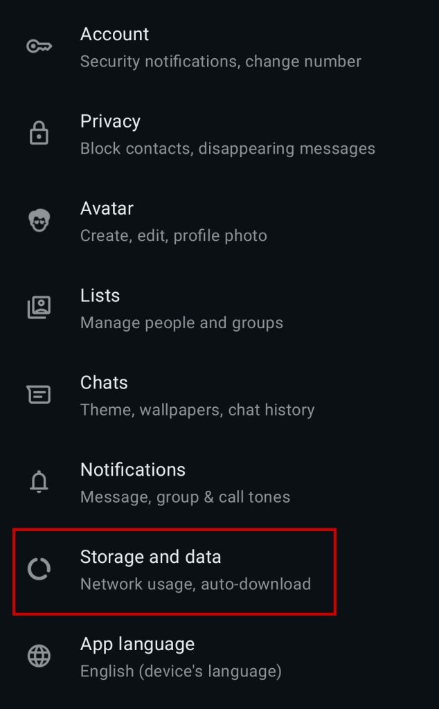 WhatsApp storage and data settings