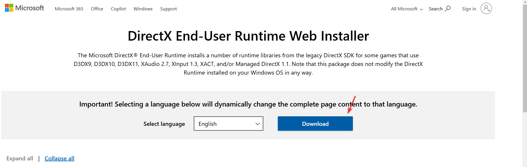 DirectX download page in a browser