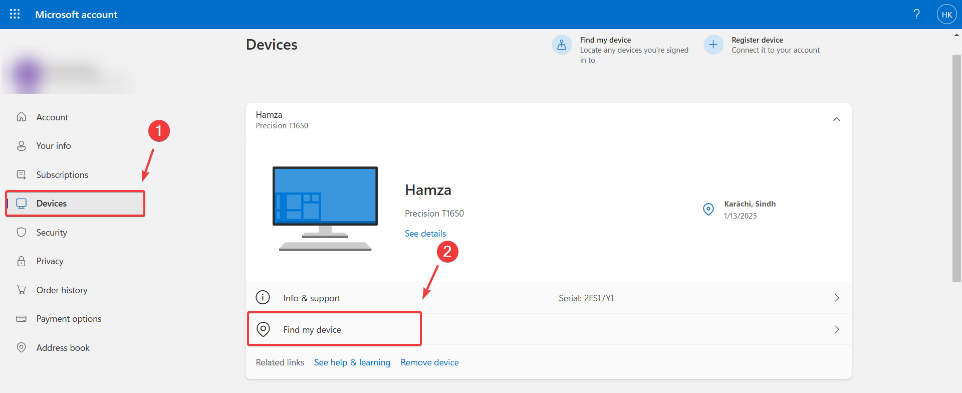 Microsoft account – Devices tab