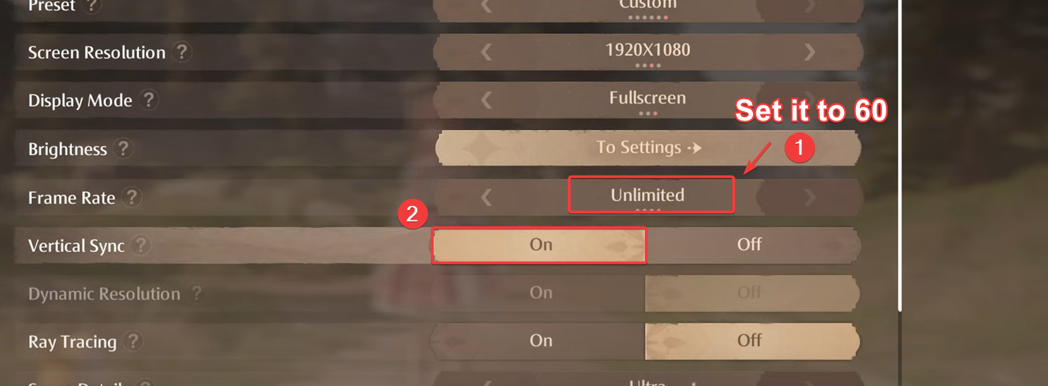 Infinity Nikki graphics settings showing FPS cap and V-Sync options