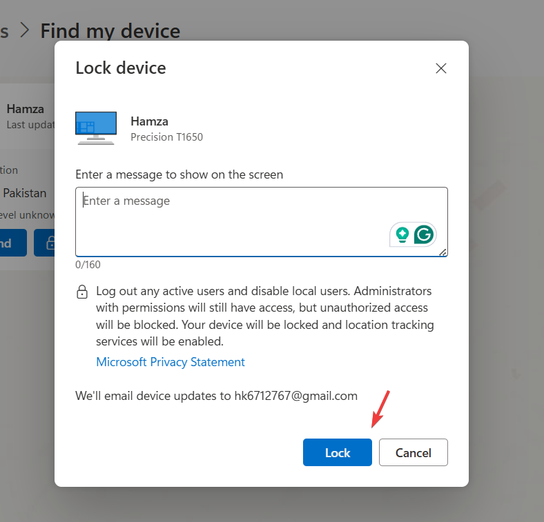 Lock option in Find my device