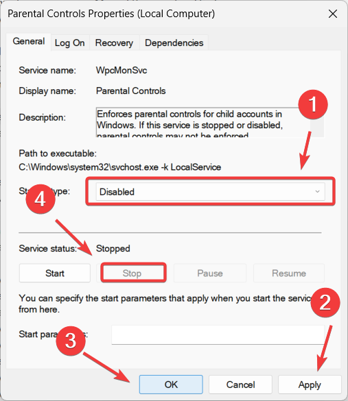 Disabling Parental Controls Service