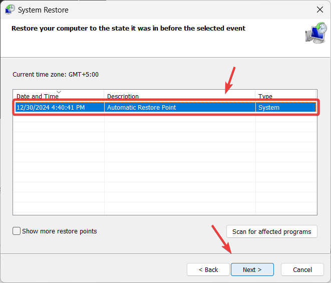 Selecting a restore point