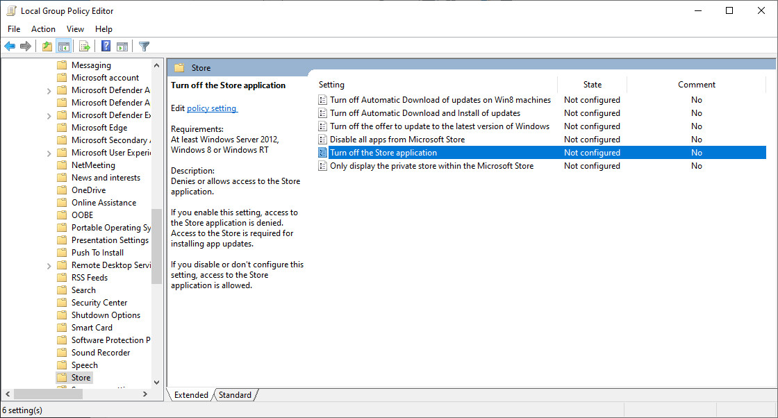 Group Policy Editor Store settings