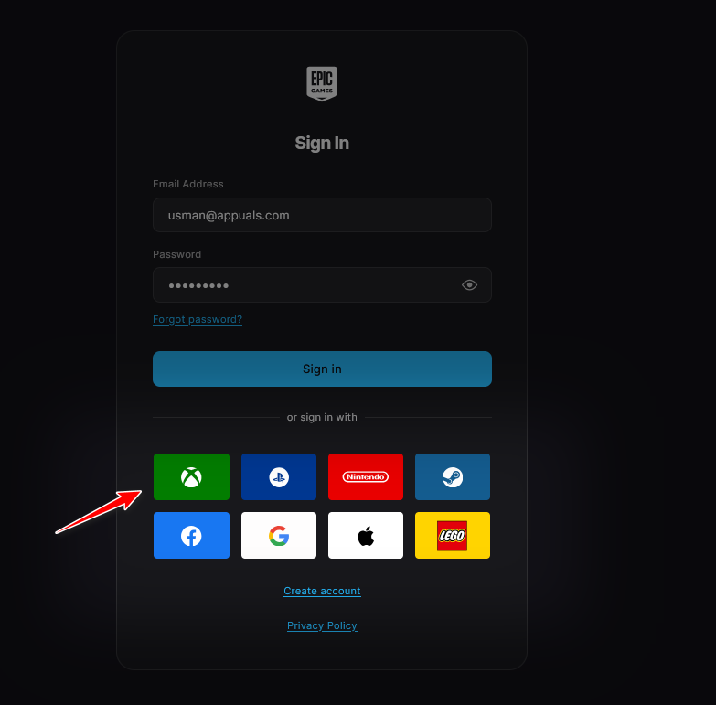 Epic Games account login page