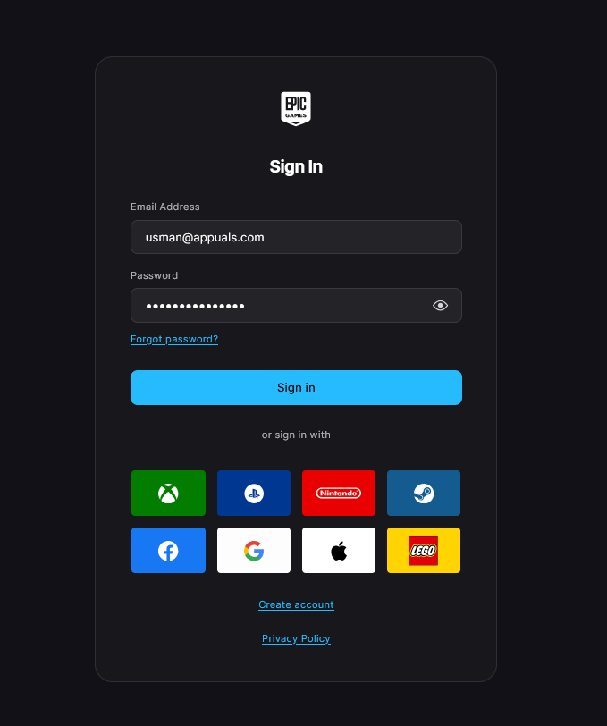 Epic Games account login page