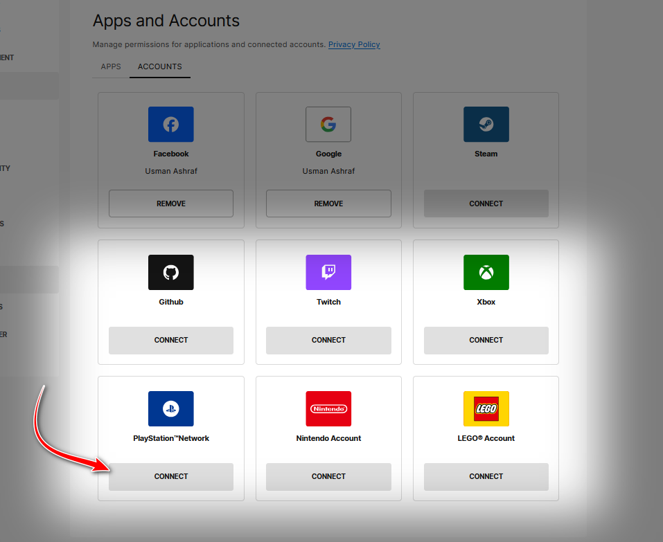Linking a platform to Epic Games account