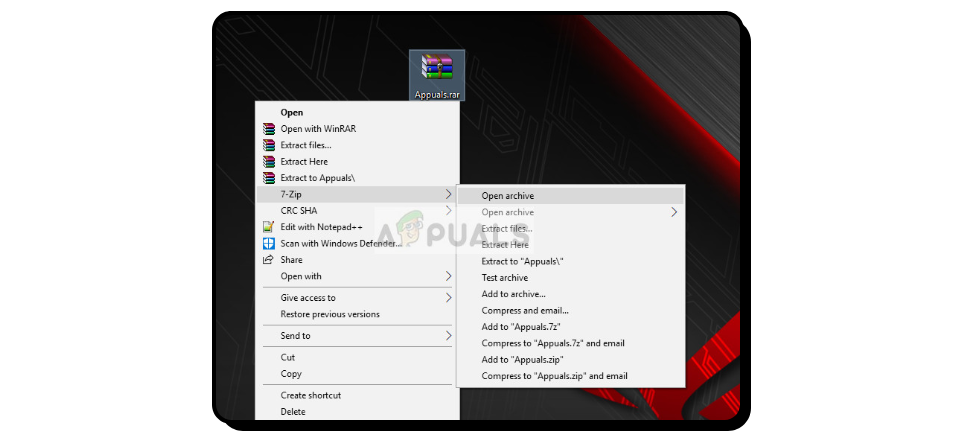 7-Zip context menu showing extraction options