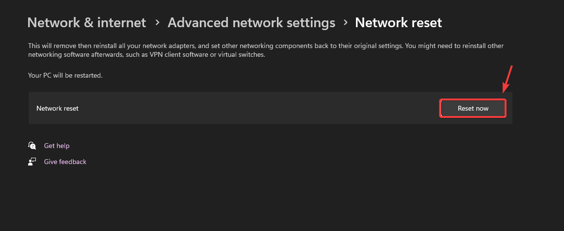 Network Reset search results