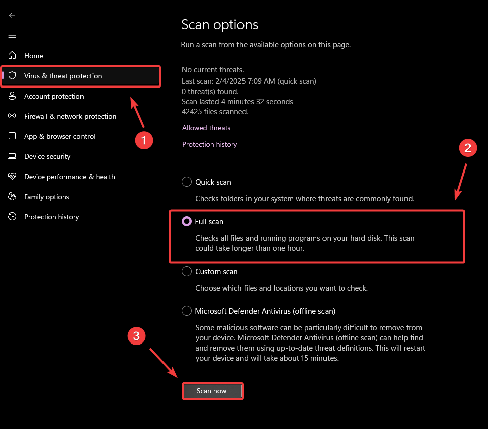 Windows Security scan options menu