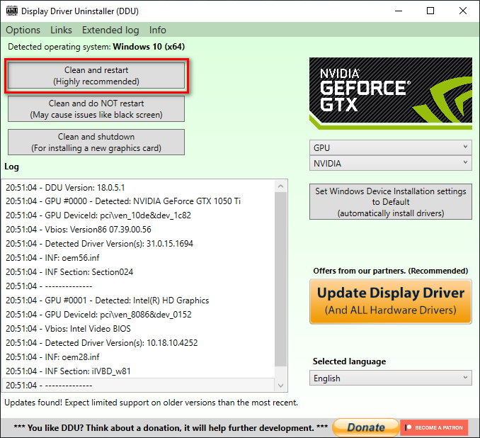 Uninstalling Drivers using DDU