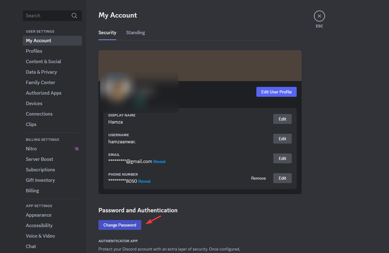Changing Discord password in account settings