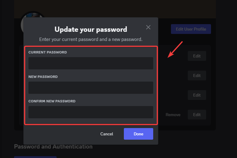 Confirming new Discord password