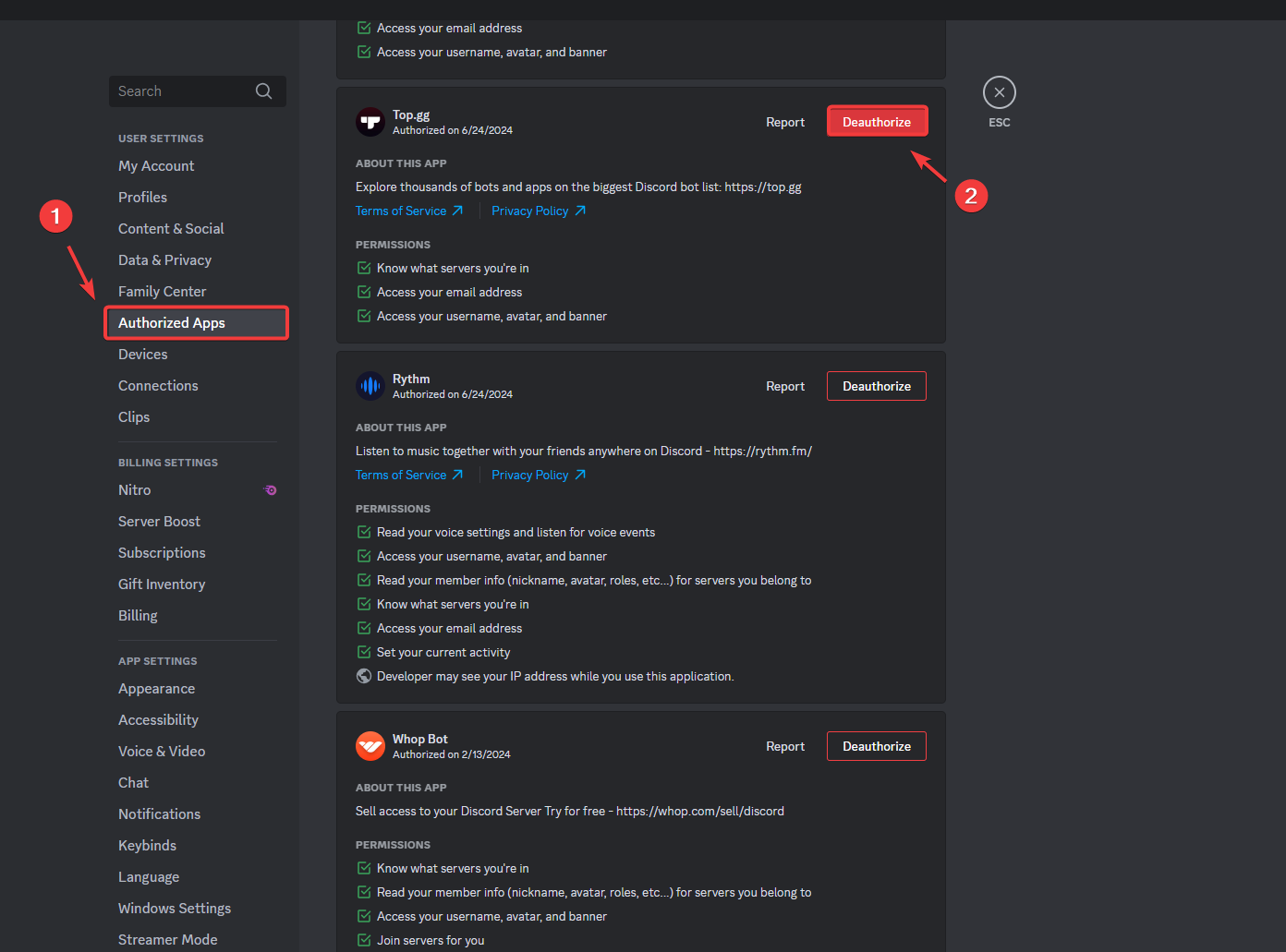 List of authorized apps in Discord settings