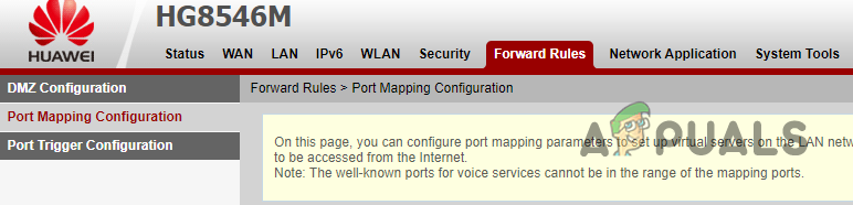 Navigating to the Port Forward menu