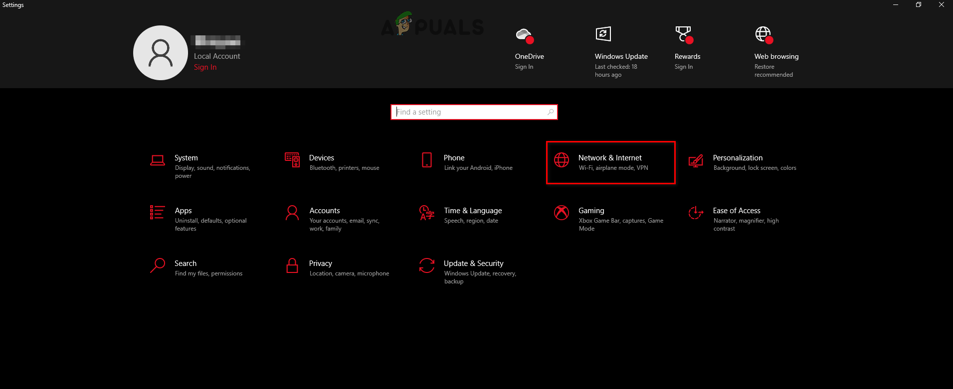 Opening Network and Internet Settings