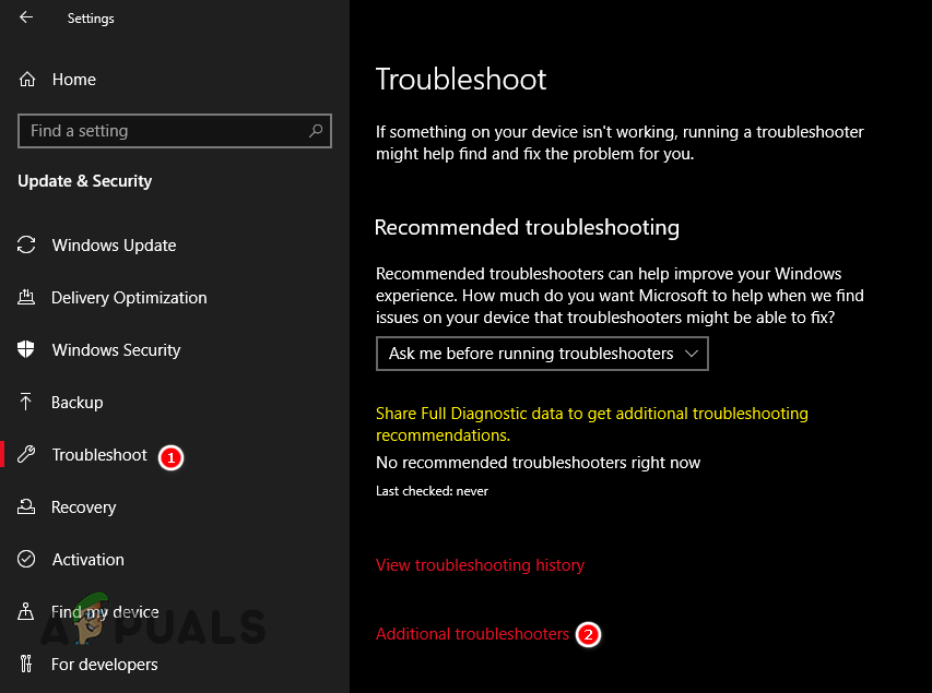 Opening Troubleshooting menu