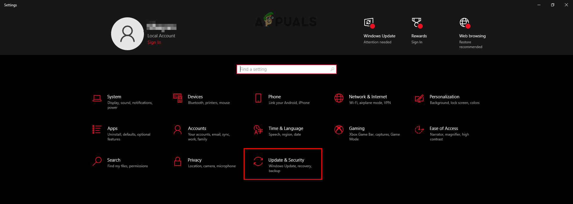 Opening Updates and Security Settings