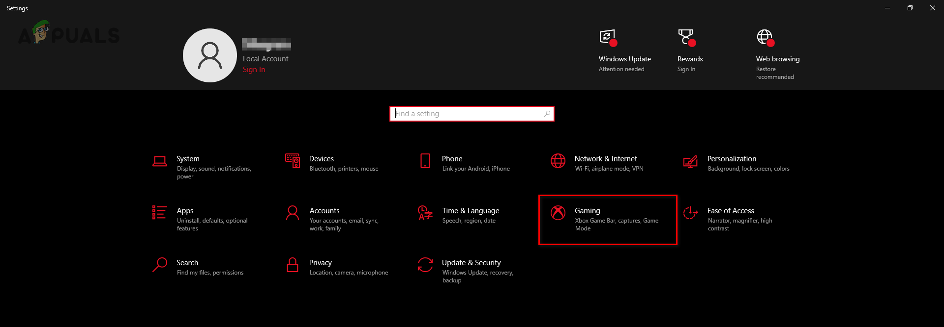 Opening the Gaming Settings menu