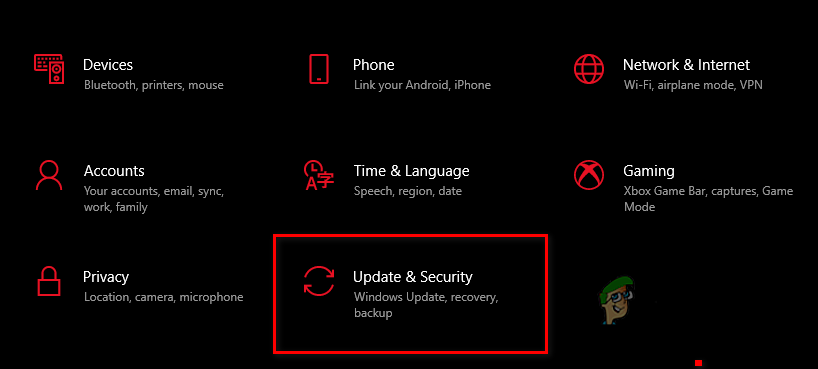 Opening the Updates and Security Menu