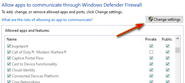 Pressing the Change Settings button
