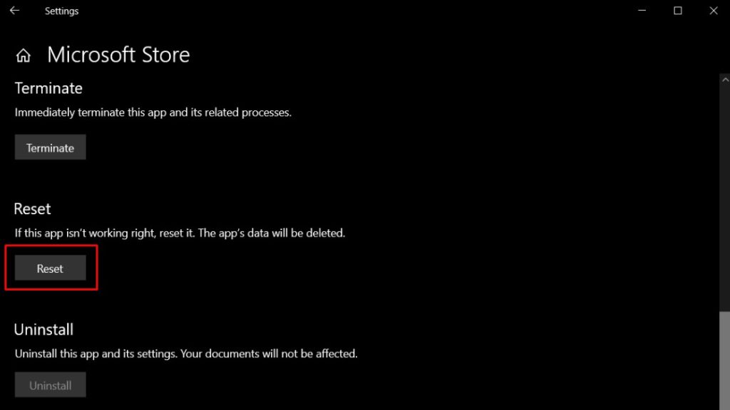 Resetting the Microsoft Store