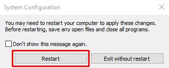 Restarting computer from system configuration