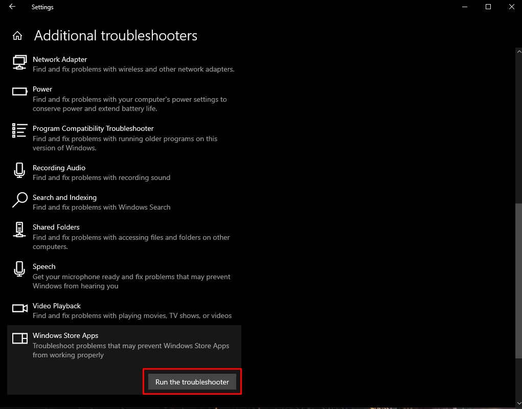 Running the Windows Store Apps Troubleshooter
