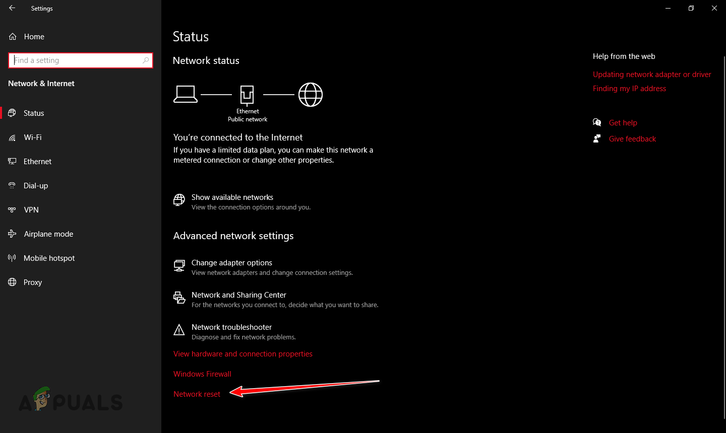 Selecting the Network Reset option
