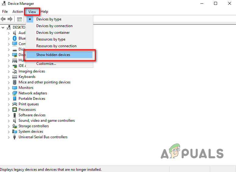 Showing hidden devices in Device Manager