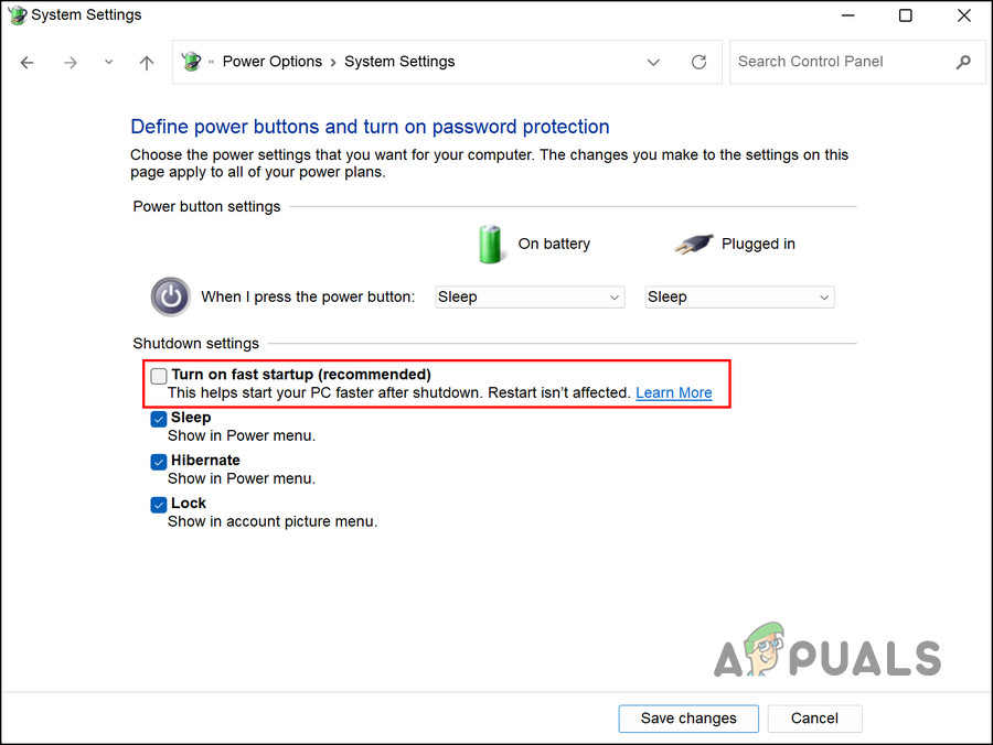 Disabling fast startup option