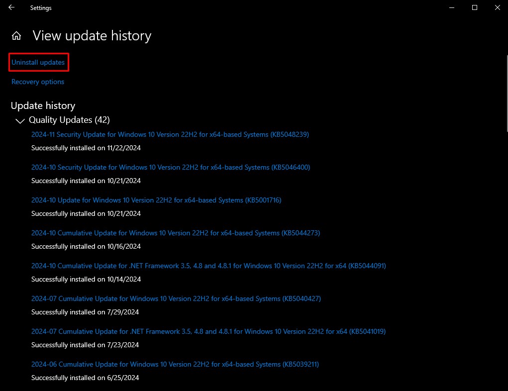 Uninstall windows updates