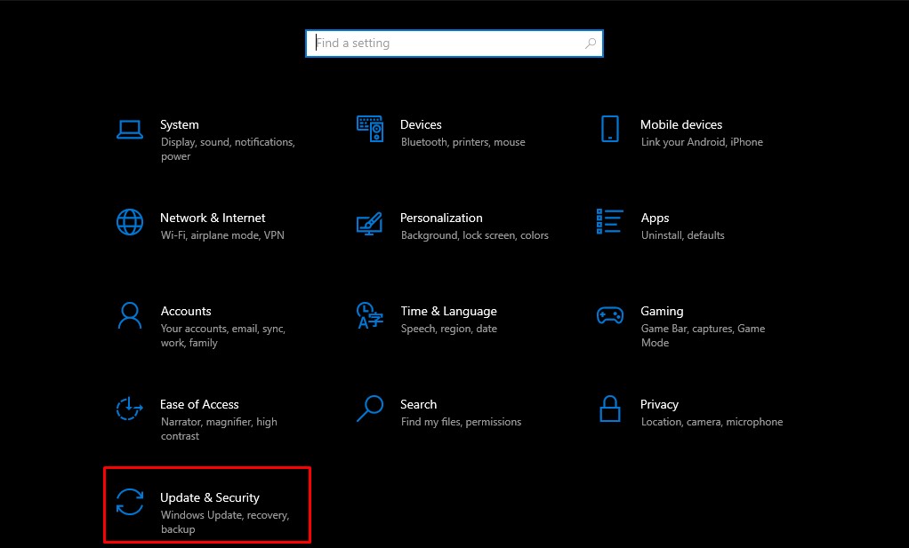 Update and Security settings