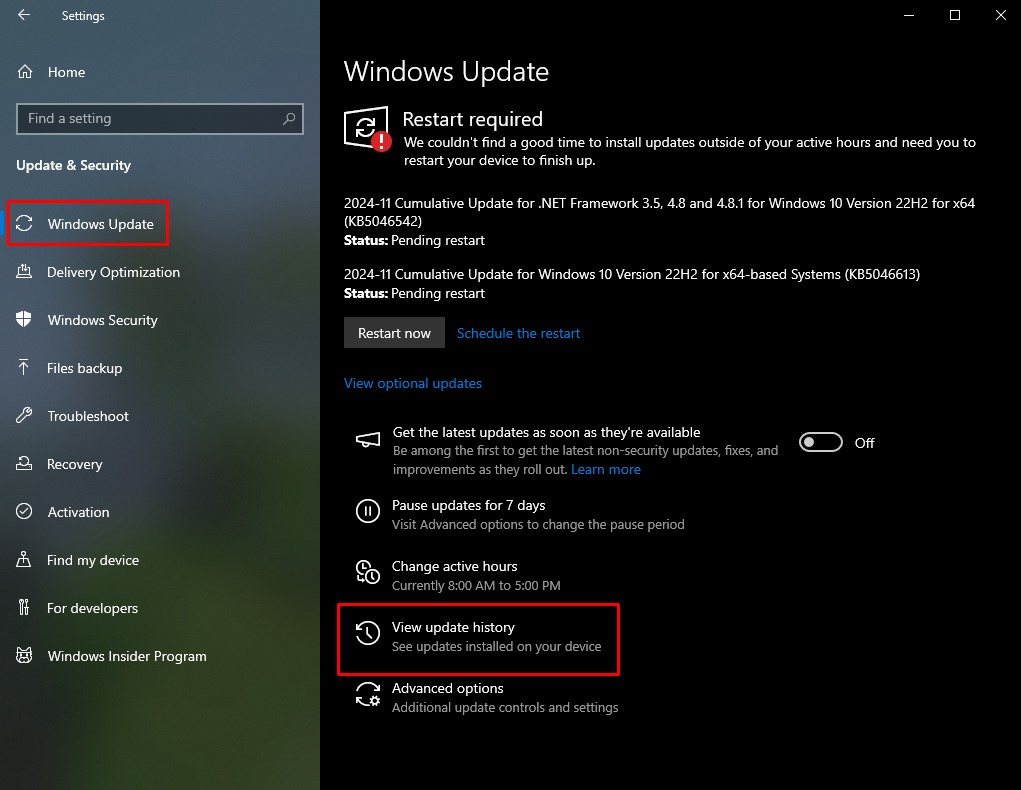 Windows update history