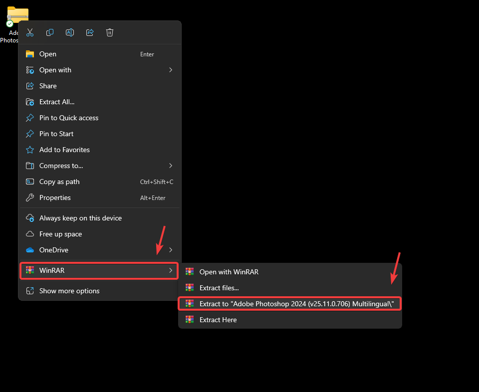 WinRAR extraction menu