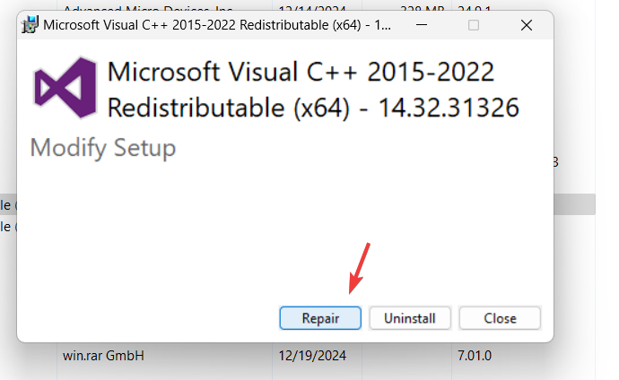 Repair Visual C++ option