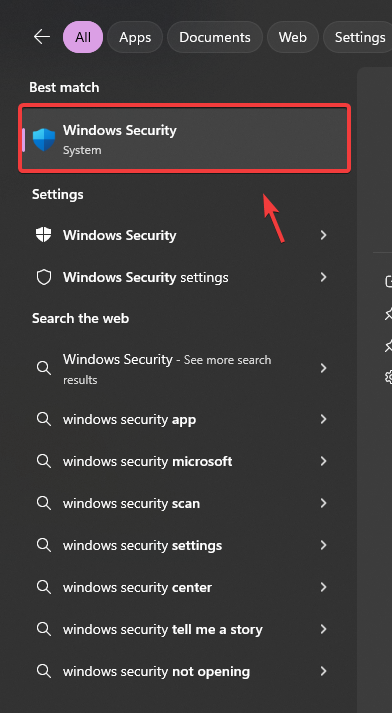 Searching for Windows Security in the taskbar