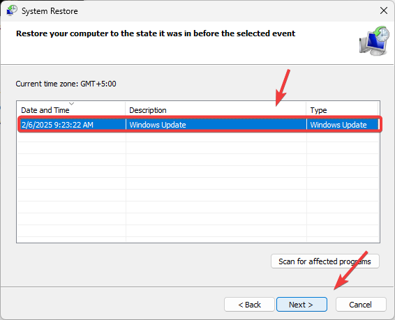 System Restore point selection screen